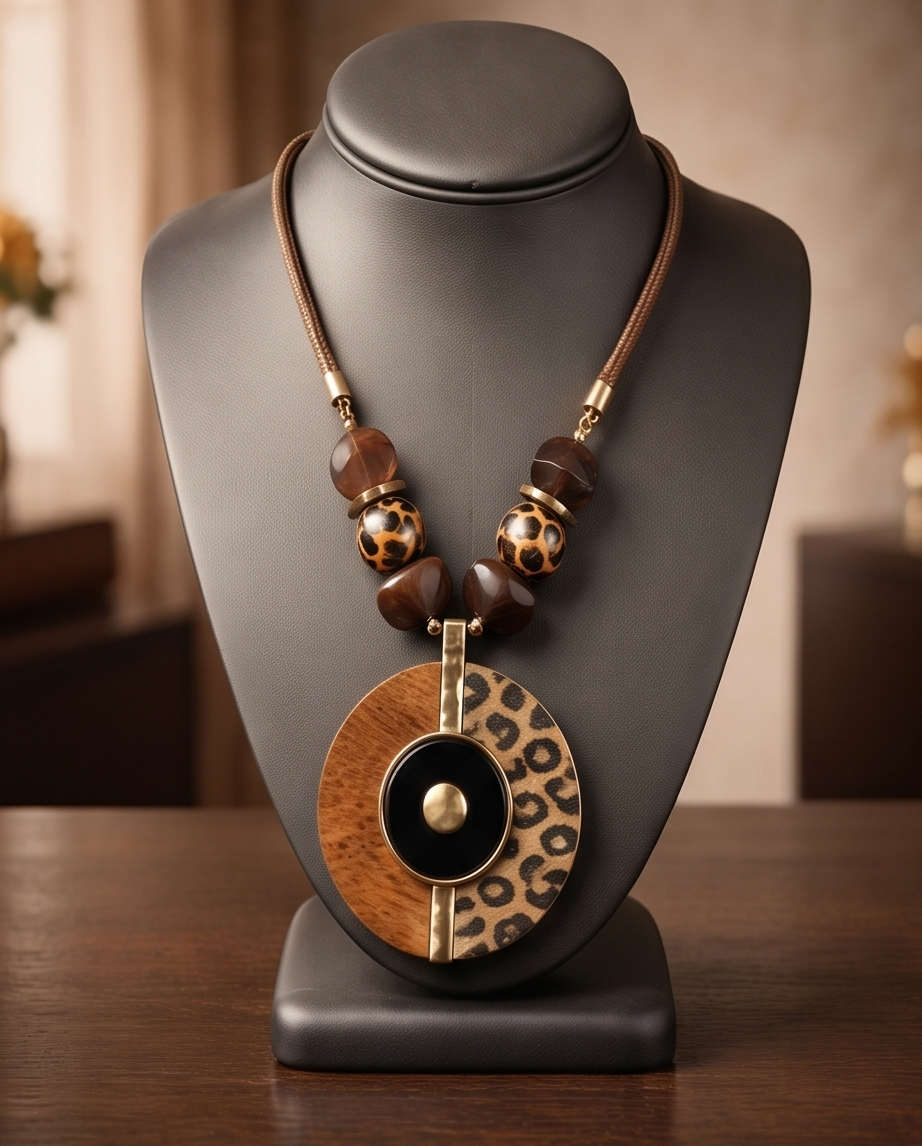 Leopard Print Wood Pendant Statement Necklace Women