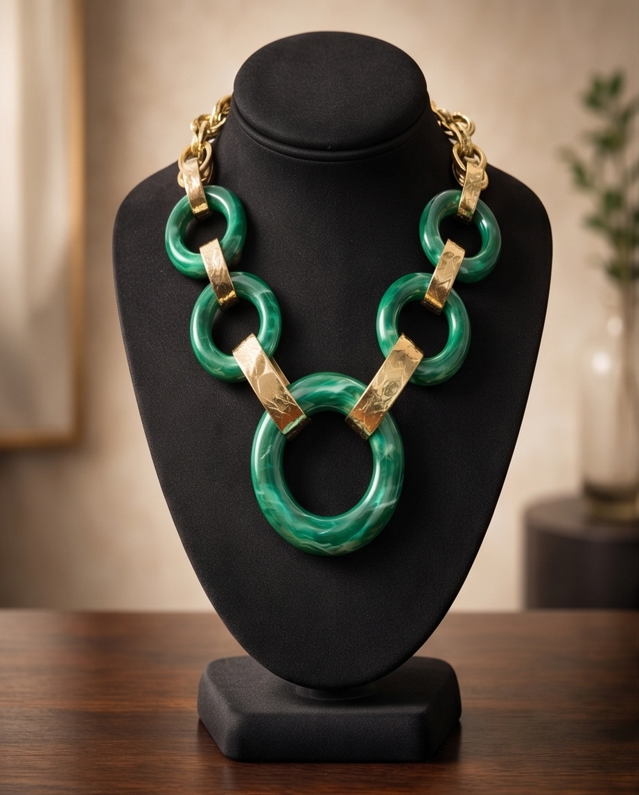 Green/Gold Marble Resin Statement Necklace Women