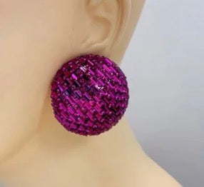 Fuchsia Beaded Statement Stud Earrings | Sparkling Textured Ball Earrings