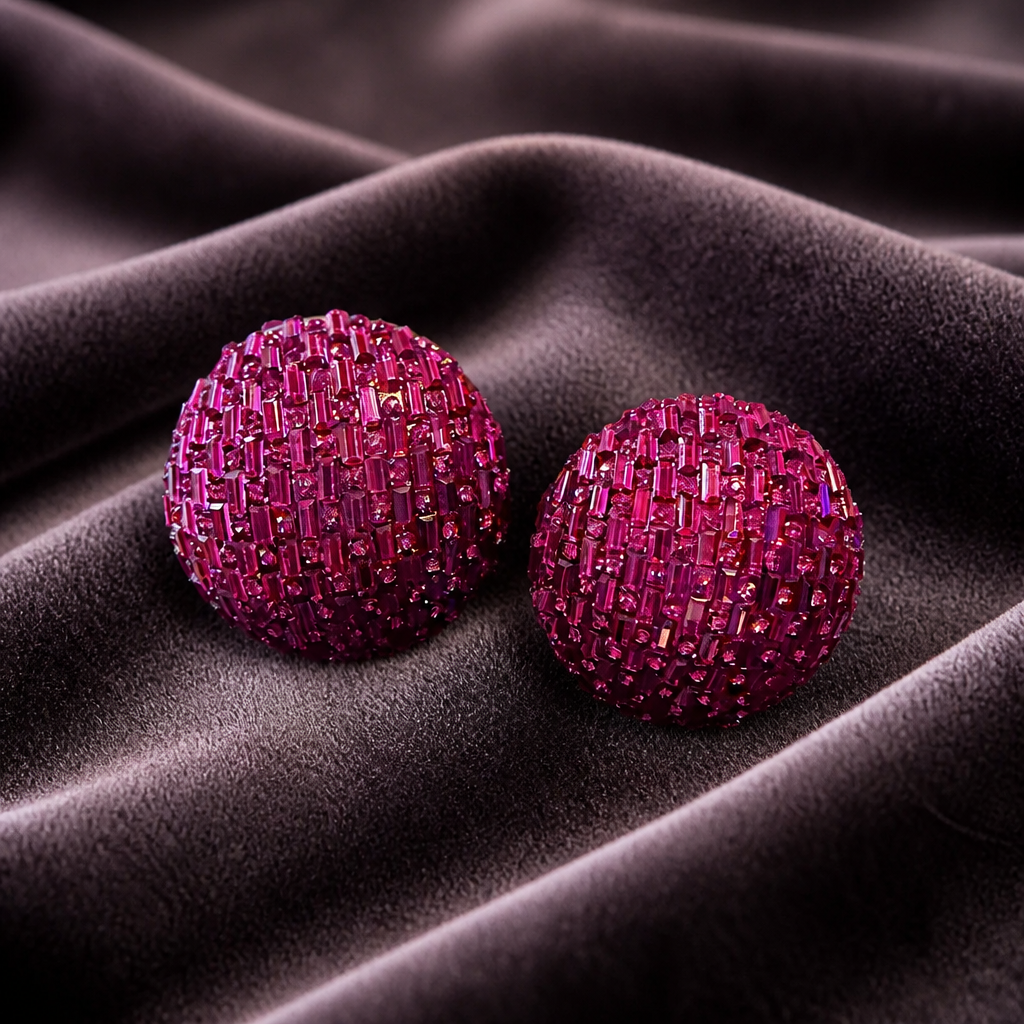 Fuchsia Beaded Statement Stud Earrings | Sparkling Textured Ball Earrings