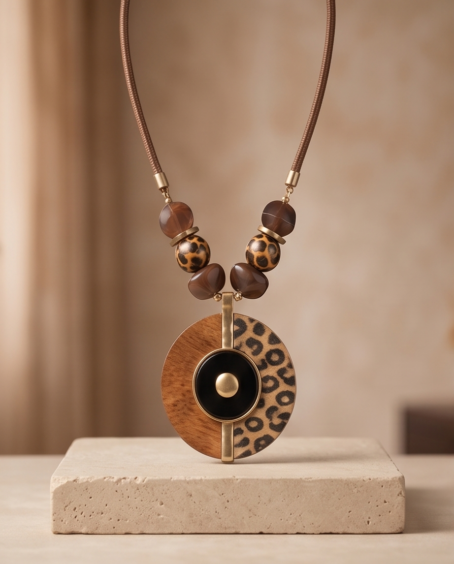 Leopard Print Wood Pendant Statement Necklace Women