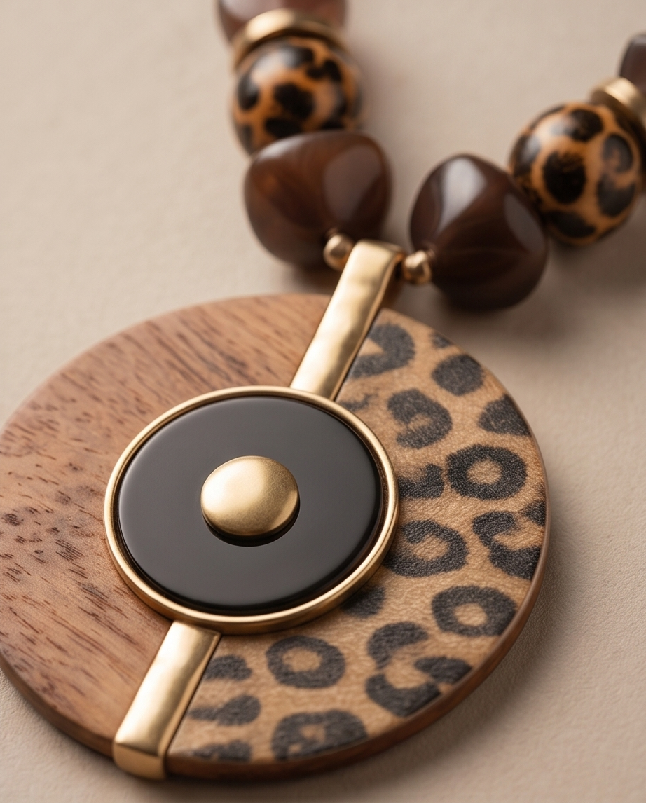 Leopard Print Wood Pendant Statement Necklace Women