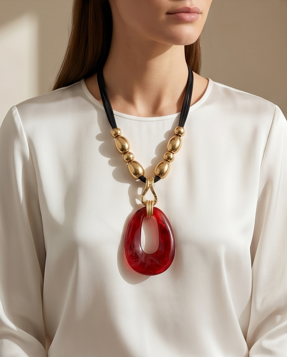 Large Resin Pendant Gold Beads Felt Necklace Burgundy