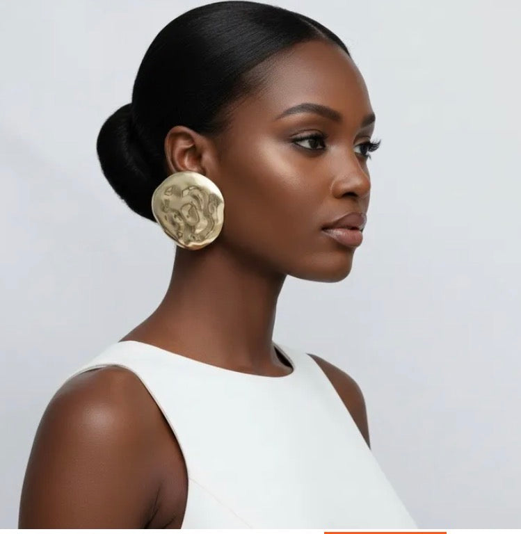 Stud XL Gold Hammered Domed Disc Earrings  Rhodium Plated