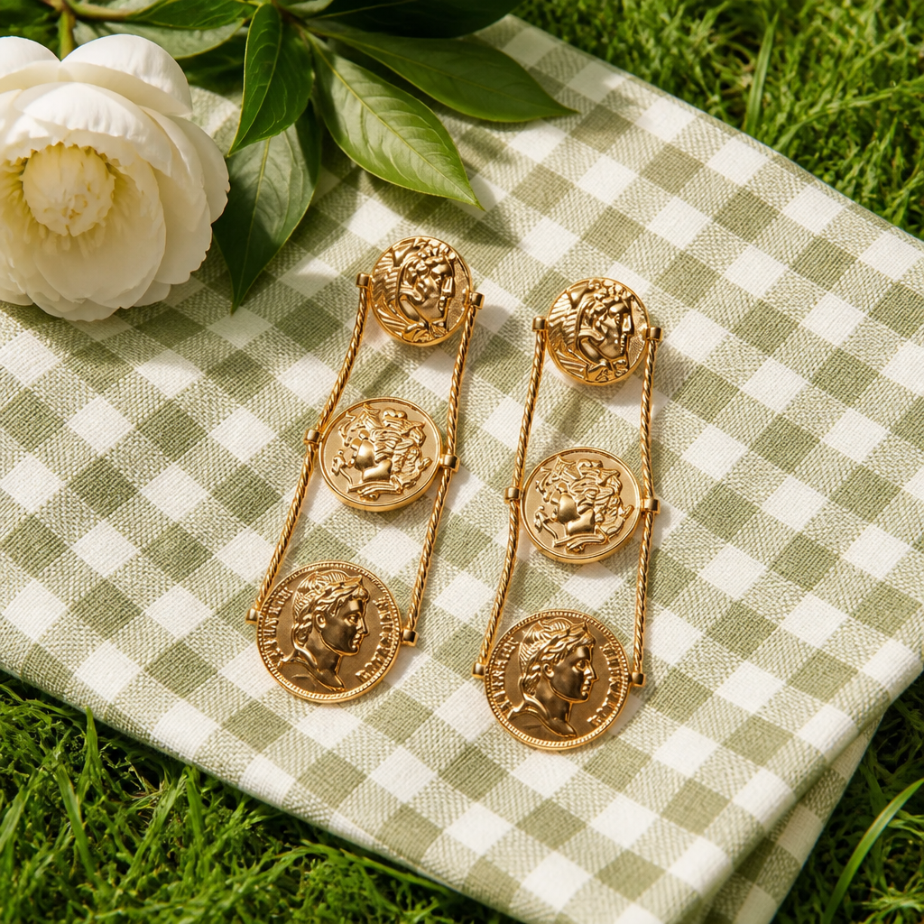 Gold Coin Medallion Statement Earrings | Vintage-Inspired Long Drop Earrings