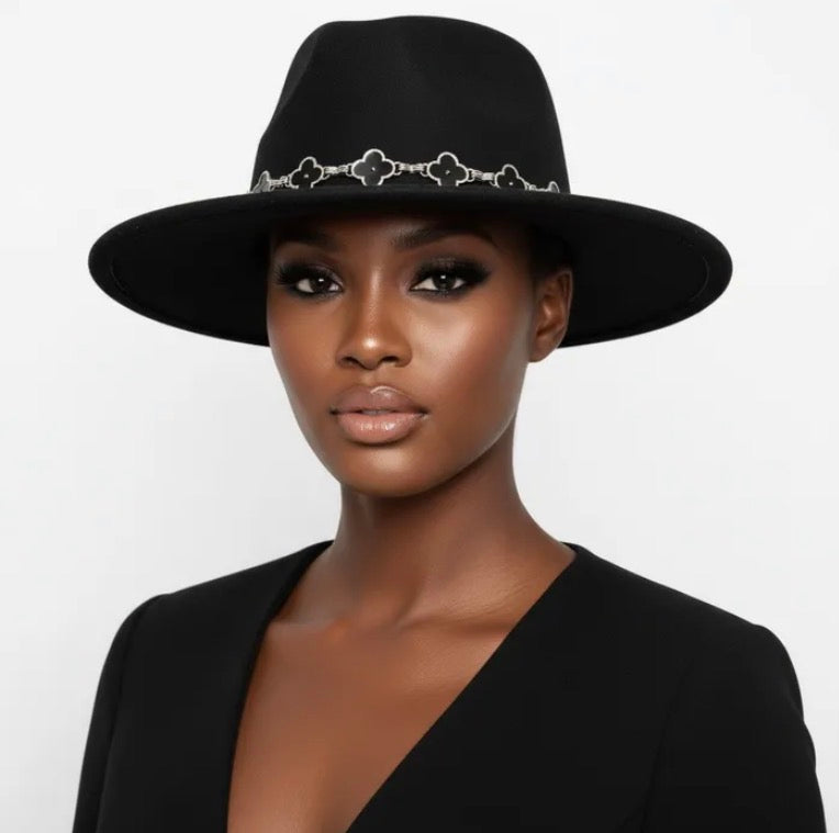 Black Fedora Hat with Black Silver Quatrefoil Band Women