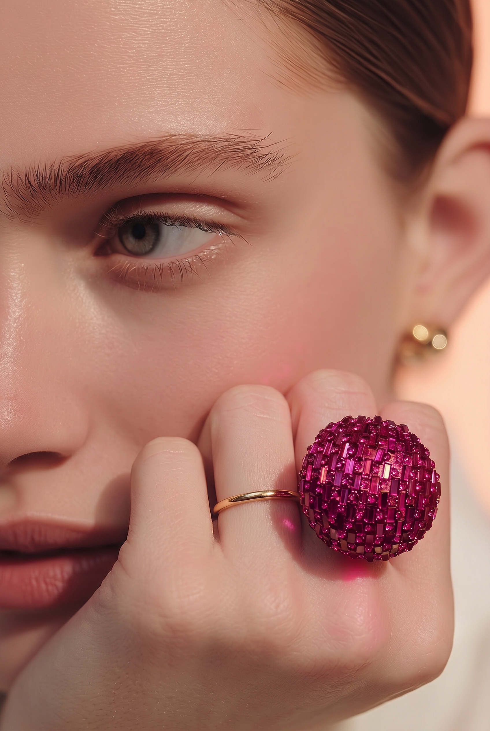 Fuchsia Beaded Statement Stud Stretch Band Ring | Sparkling Textured Ball Ring