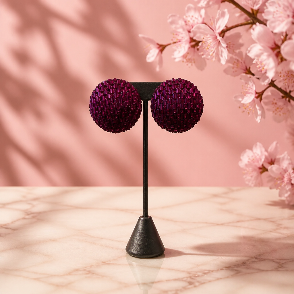 Fuchsia Beaded Statement Stud Earrings | Sparkling Textured Ball Earrings