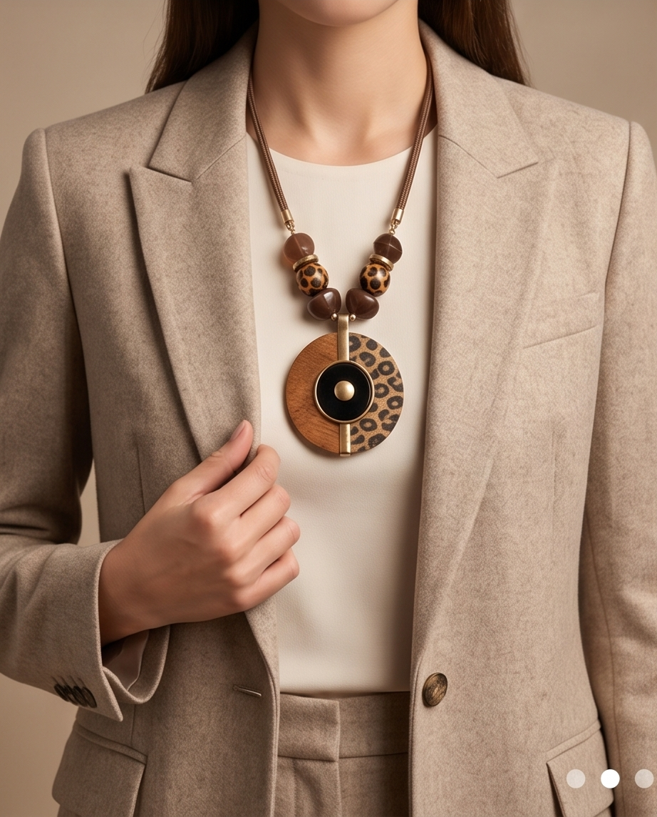 Leopard Print Wood Pendant Statement Necklace Women