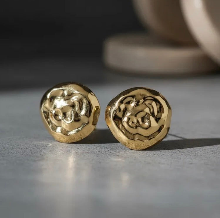 Stud XL Gold Hammered Domed Disc Earrings  Rhodium Plated
