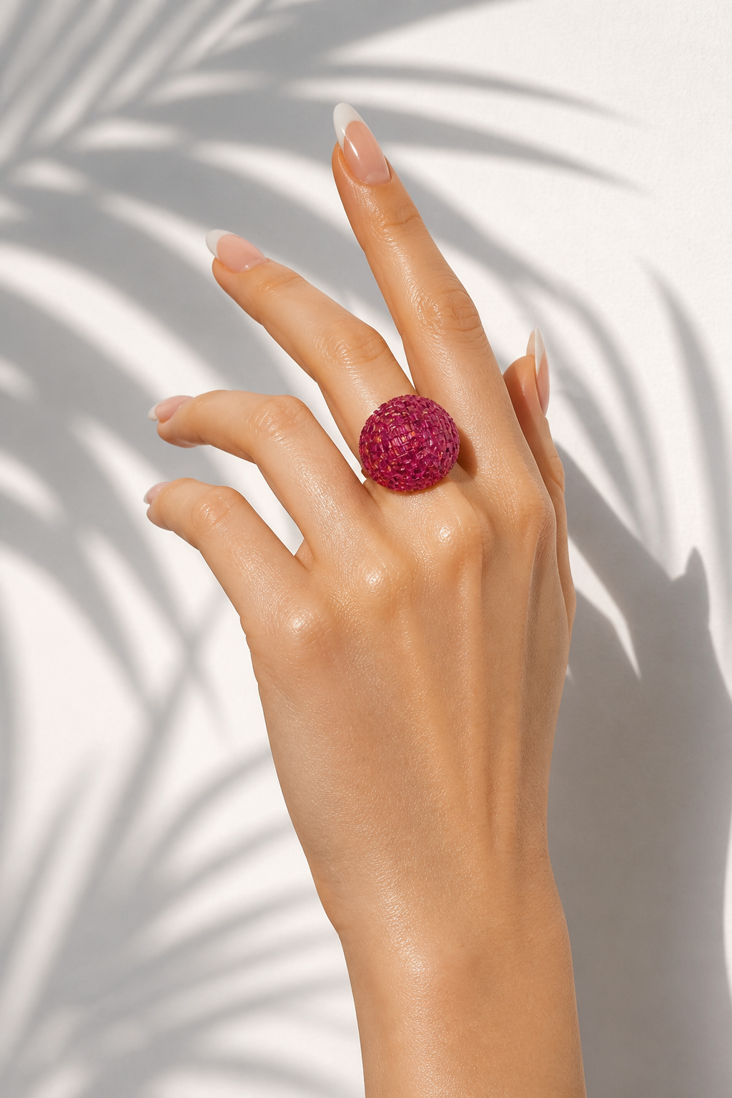 Fuchsia Beaded Statement Stud Stretch Band Ring | Sparkling Textured Ball Ring