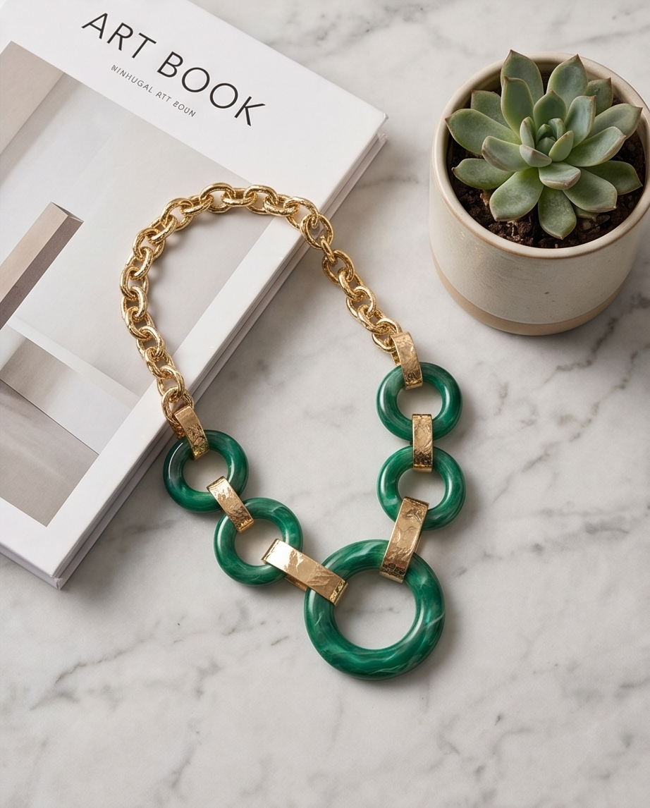 Green/Gold Marble Resin Statement Necklace Women