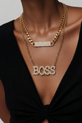 2Pc BOSS Rhinestone Cuban Link Necklace