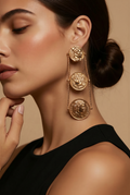 Gold Coin Medallion Statement Earrings | Vintage-Inspired Long Drop Earrings