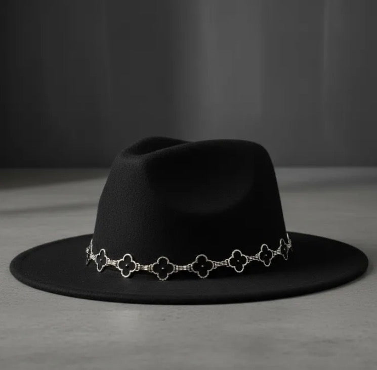 Black Fedora Hat with Black Silver Quatrefoil Band Women
