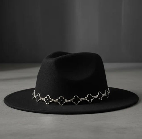 Black Fedora Hat with Black Silver Quatrefoil Band Women