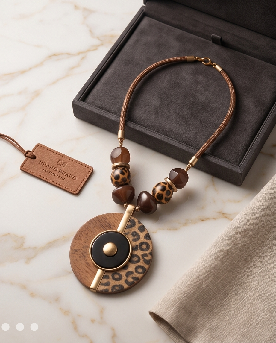Leopard Print Wood Pendant Statement Necklace Women