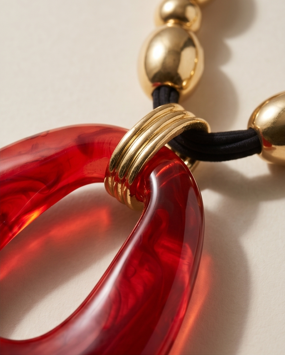 Large Resin Pendant Gold Beads Felt Necklace Burgundy