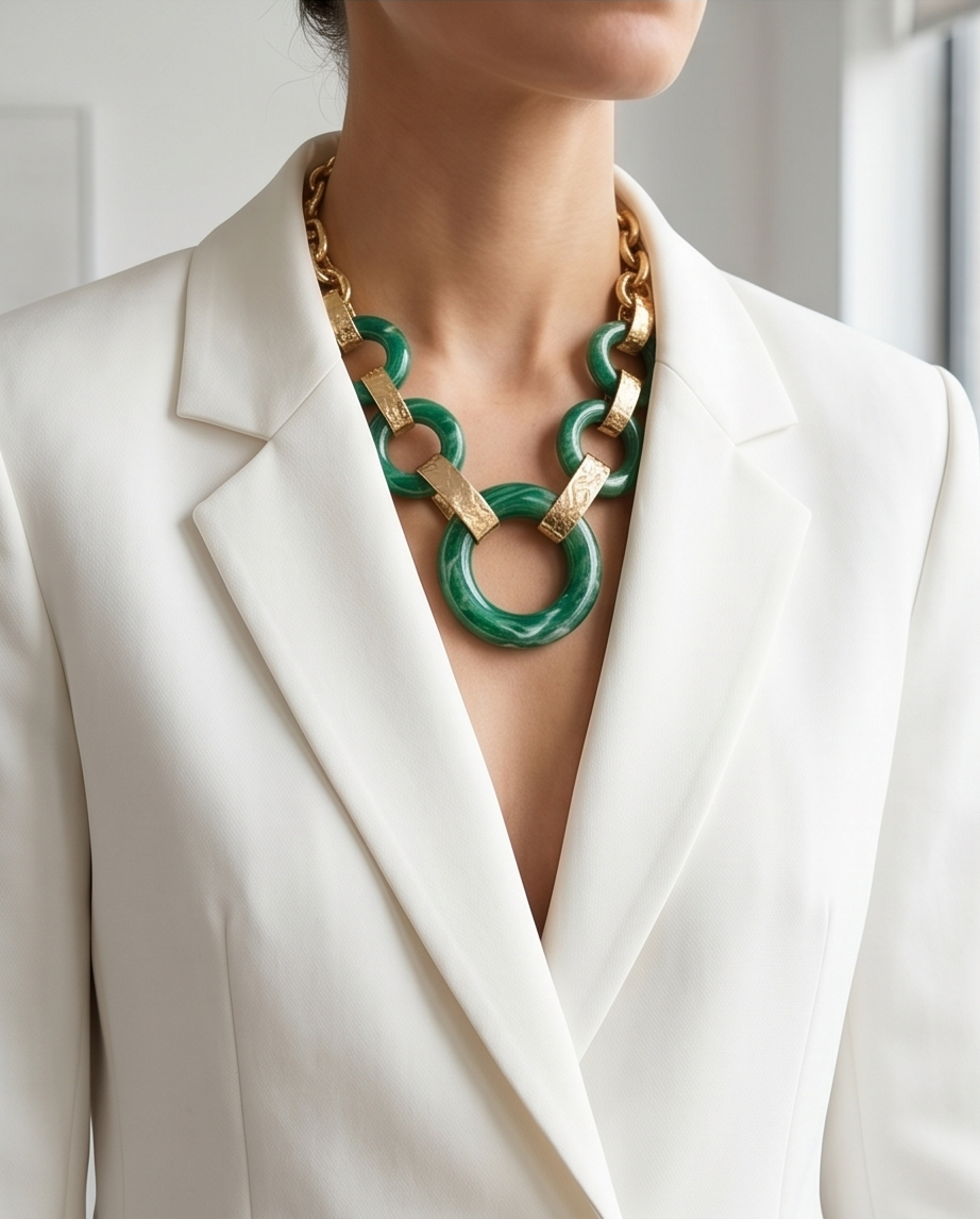 Green/Gold Marble Resin Statement Necklace Women
