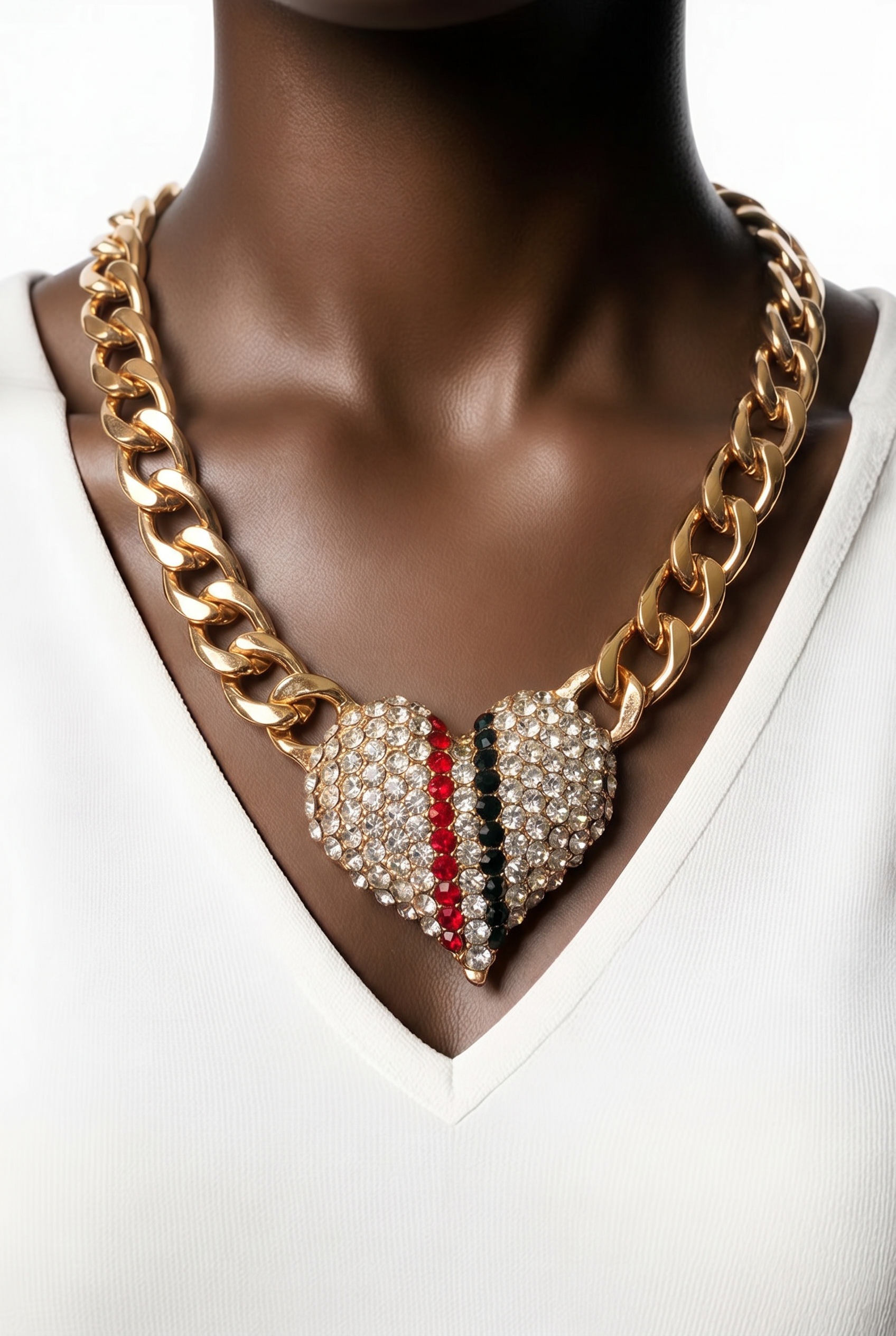 Chunky heart necklace| Rhinestone Heart Pendant | Red & Green Rhinestone Statement Cuban Link Gold Bling Necklace For Women