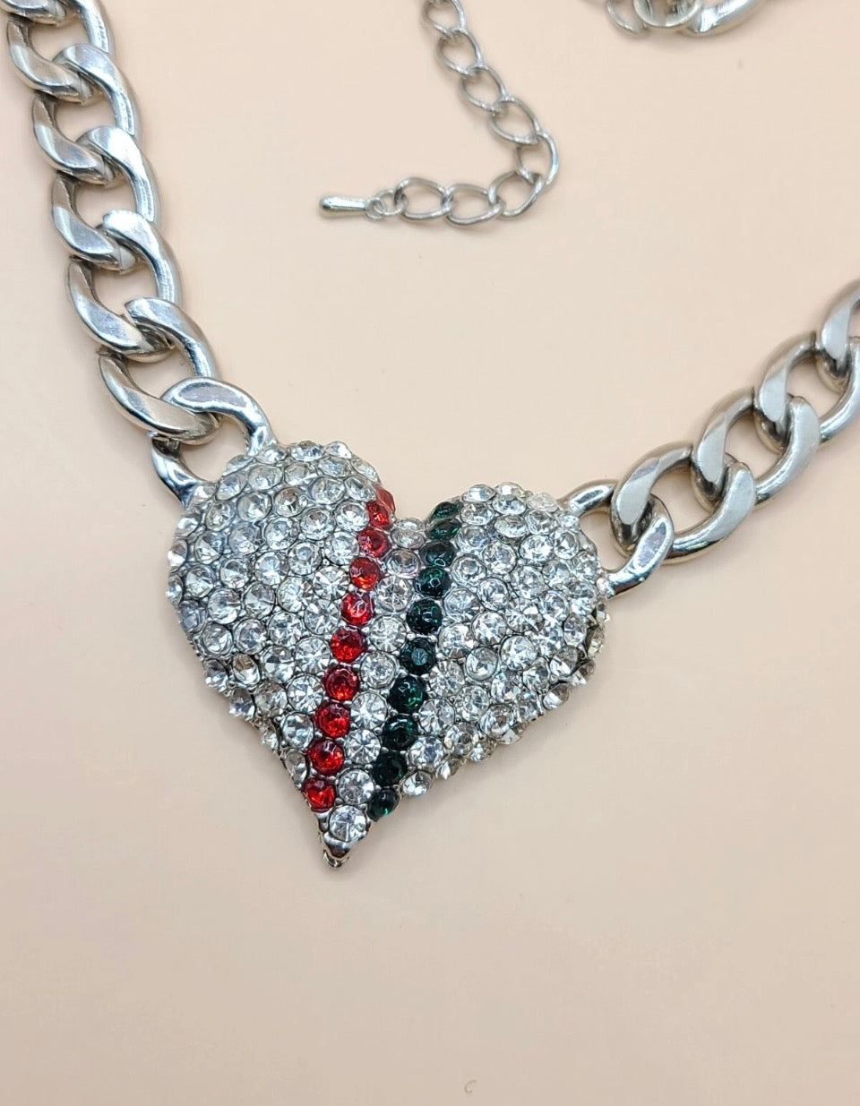 Chunky Heart Silver Necklace | Rhinestone Heart Pendant | Red & Green Rhinestone Statement  Cuban Link Silver Bling Necklace For Women