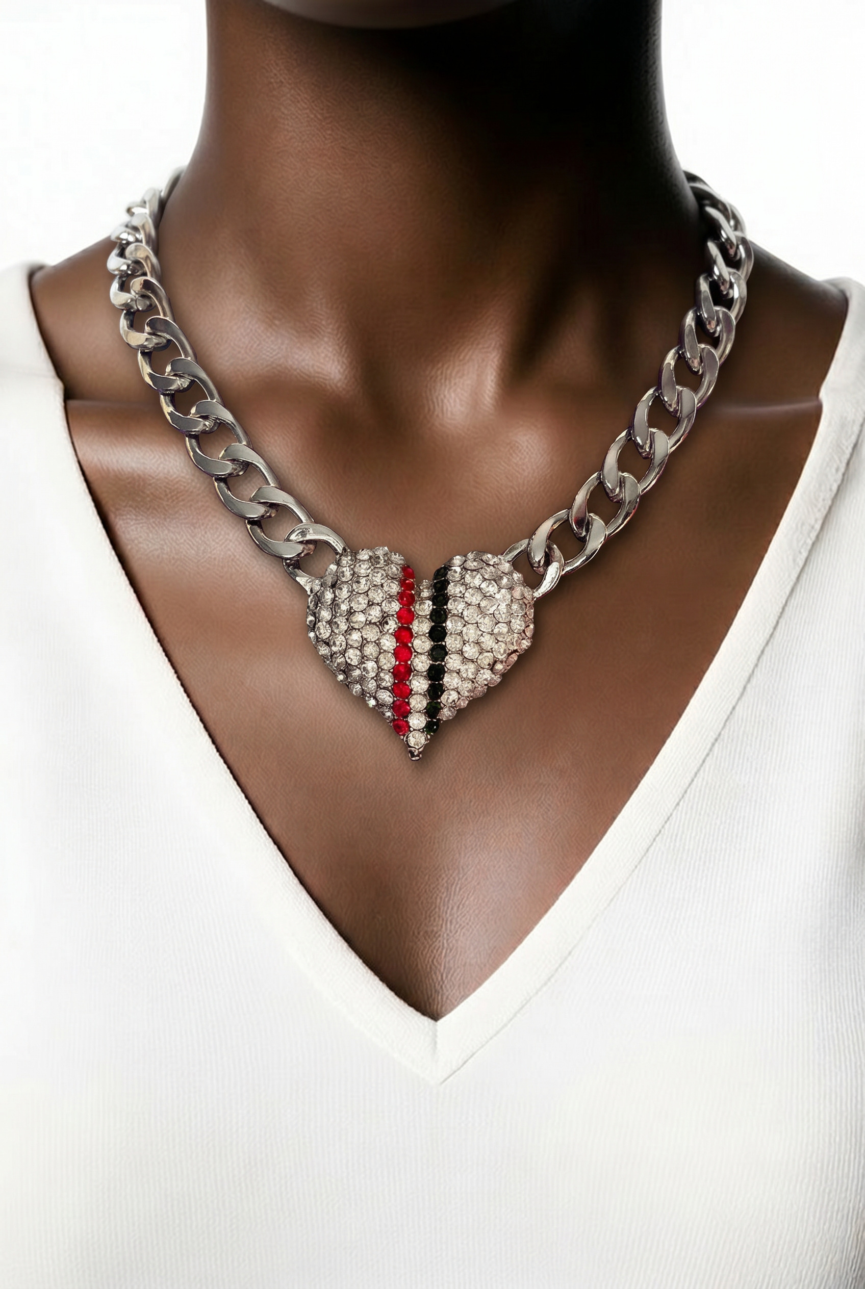 Chunky Heart Silver Necklace | Rhinestone Heart Pendant | Red & Green Rhinestone Statement  Cuban Link Silver Bling Necklace For Women