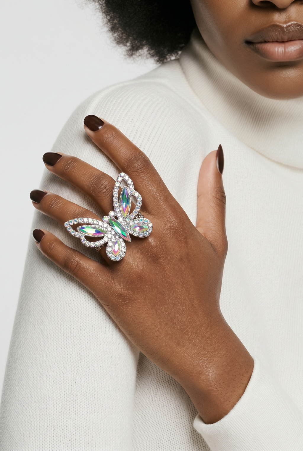 Iridescent Crystal Butterfly Statement Ring | Adjustable Rhinestone Fashion RING  for Women