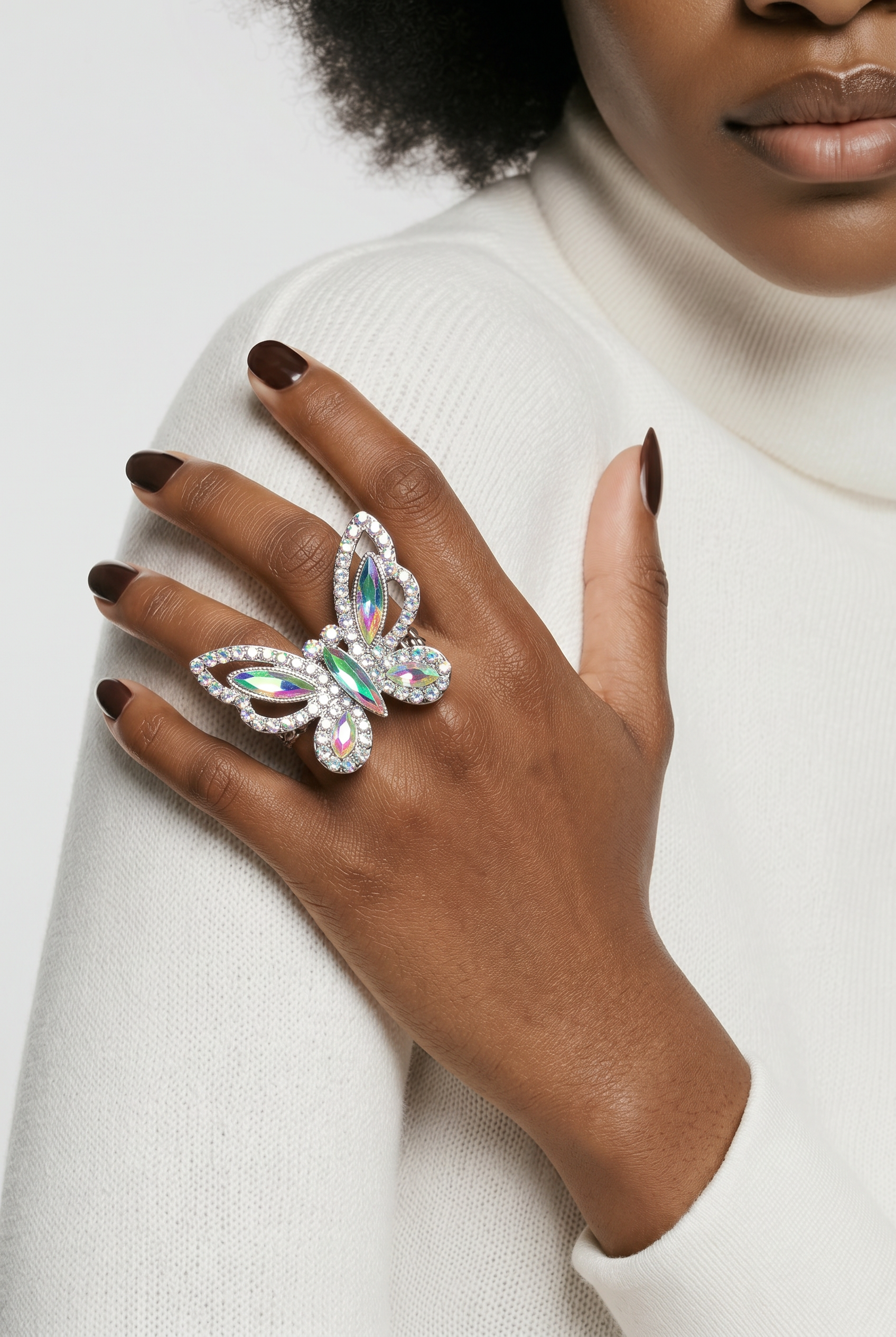 Iridescent Crystal Butterfly Statement Ring | Adjustable Rhinestone Fashion RING  for Women