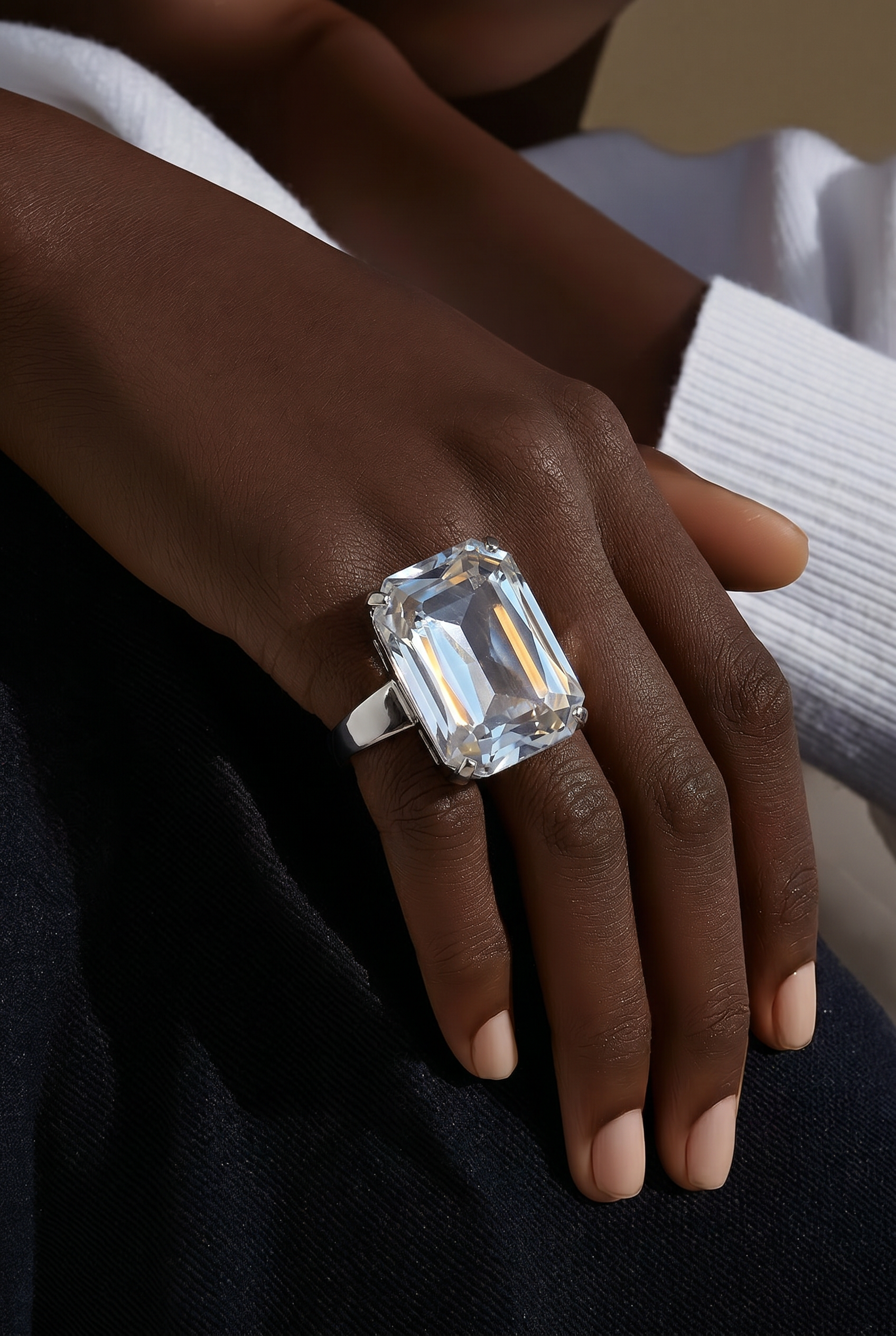 Large Rectangle Clear Ring Stretch Band Silver Tone