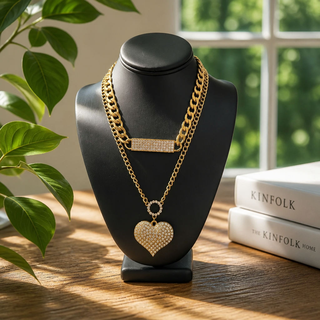 2Pc Gold Layered Heart Pendant Cuban Link Fashion Necklace