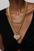 2Pc Gold Layered Heart Pendant Cuban Link Fashion Necklace