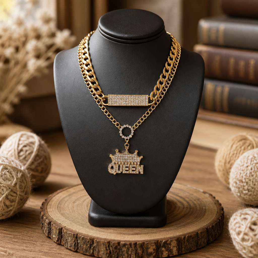 2Pc Gold Queen Layered Necklace – Rhinestone Crown Pendant Statement Chain Necklace for Women