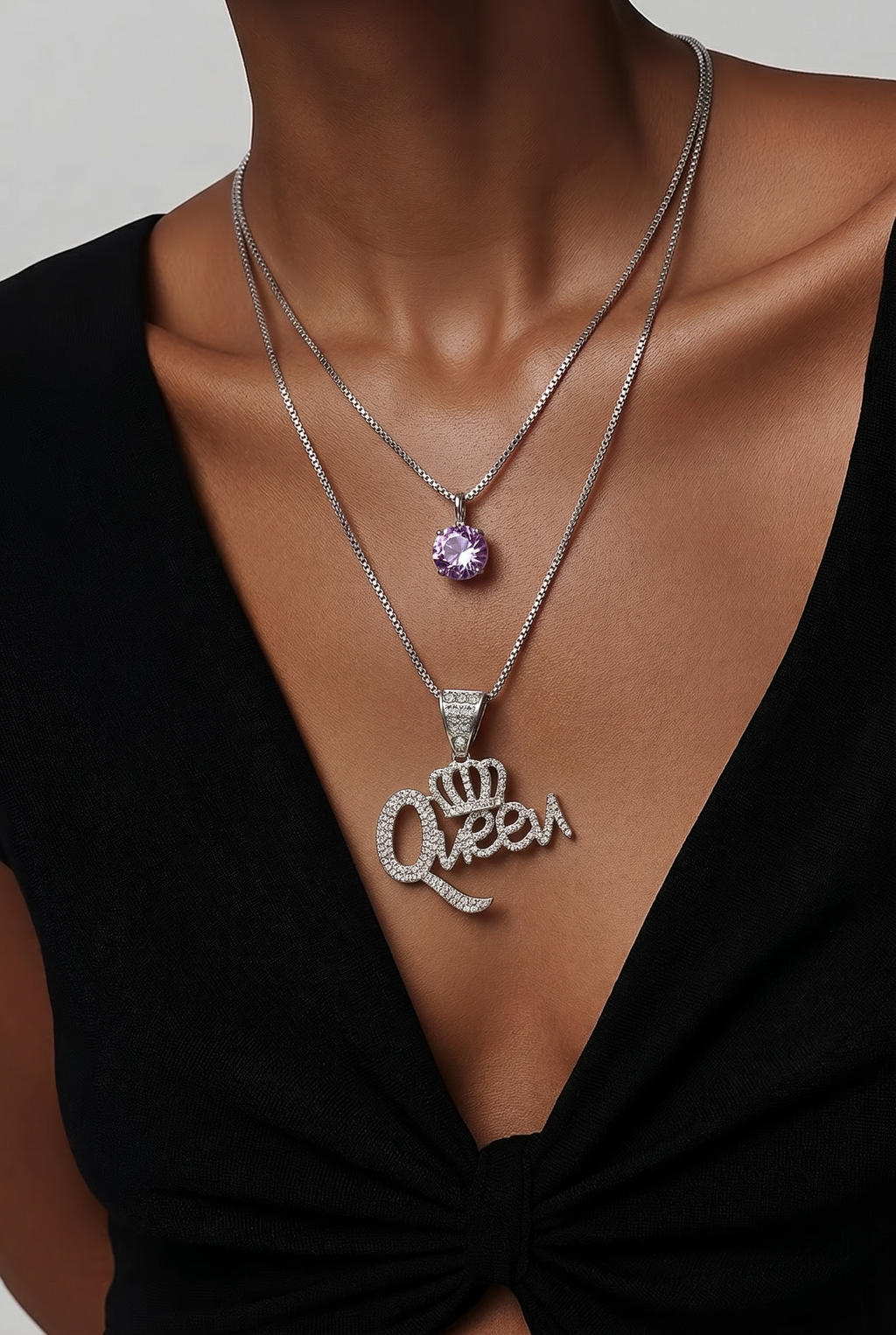 Queen Crown Layered Silver  Rhinestone Necklace Pendant