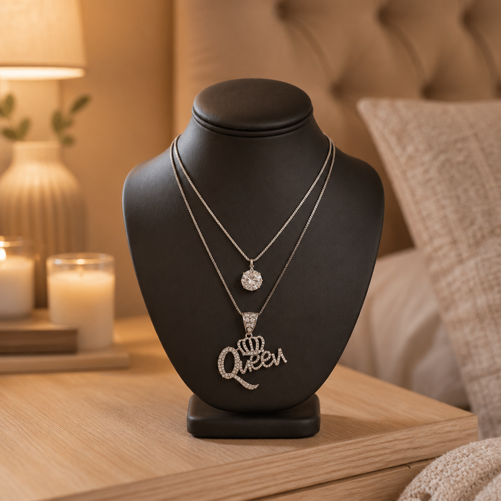 Queen Crown Layered Silver  Rhinestone Necklace Pendant
