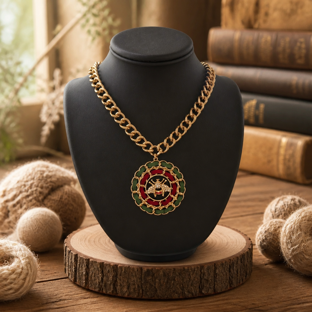 Gold Bee Medallion Statement Necklace | Chunky Chain Pendant | Luxury Inspired Fashion Jewelry for Women