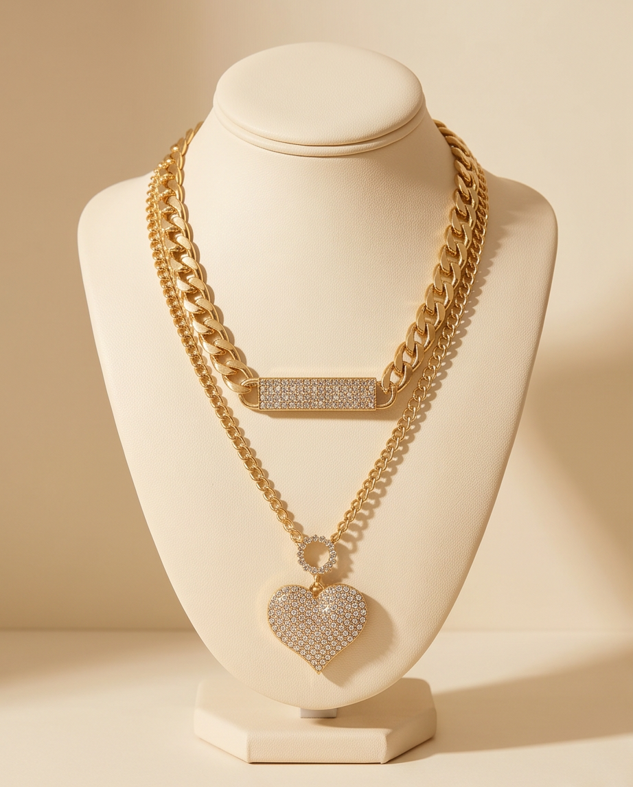 2Pc Gold Layered Heart Pendant Cuban Link Fashion Necklace