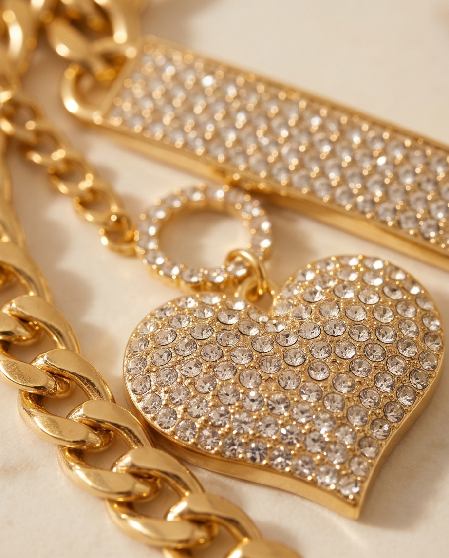 2Pc Gold Layered Heart Pendant Cuban Link Fashion Necklace