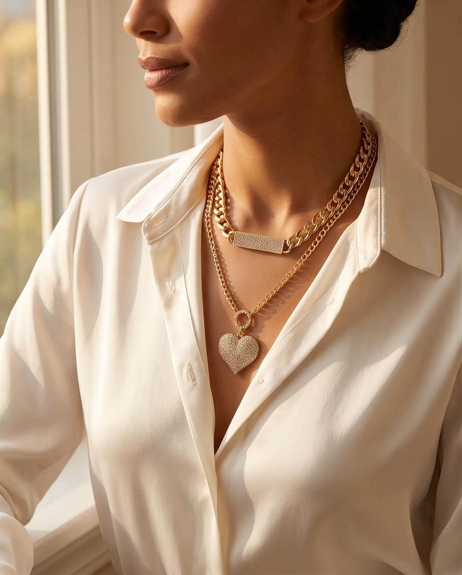 2Pc Gold Layered Heart Pendant Cuban Link Fashion Necklace