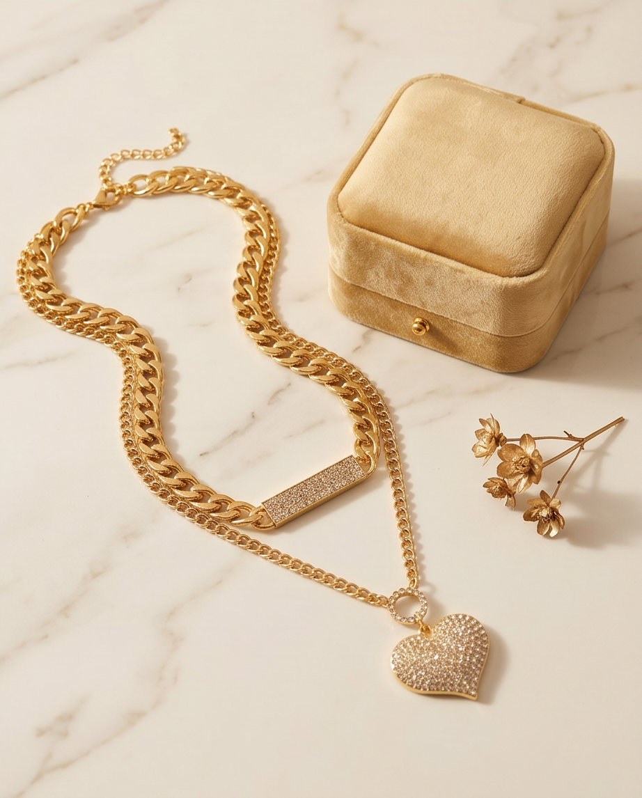 2Pc Gold Layered Heart Pendant Cuban Link Fashion Necklace