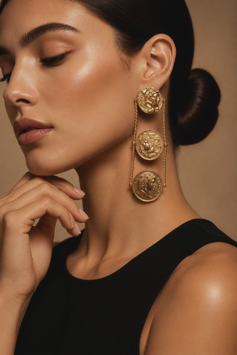 Gold Coin Medallion Statement Earrings | Vintage-Inspired Long Drop Earrings